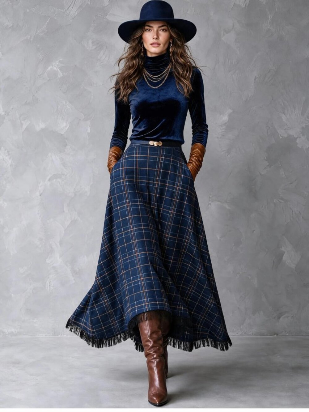 Tartan Plaid Asymmetrical Hem Maxi Skirt – Navy & Tan Fringe Trim Flare Skirt